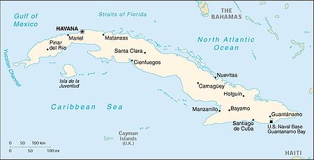 This is a white on blue map of Cuba as would be seen in a World Atlas.