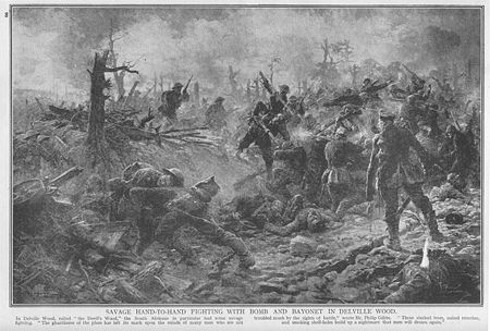 Monochrome image on newsprint type paper. Pen and charcoal sketch of multiple figures in hand–to–combat using rifles and bayonets. Numerous wounded and dead figures in the foreground. One officer standing with his back to viewer observing fighting.