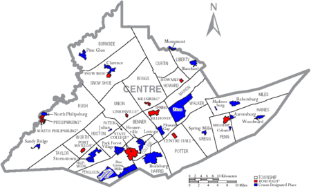 Map of Centre County, Pennsylvania with Municipal Labels showing Boroughs (red), Townships (white), and Census-designated places (blue).