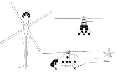 Orthographically projected diagram of the SA330 Puma Line Drawing