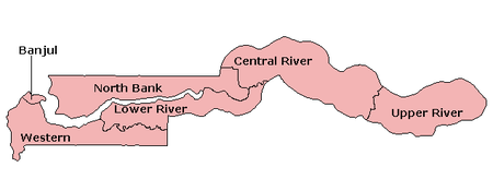 A clickable map of The Gambia exhibiting its five divisions and capital.