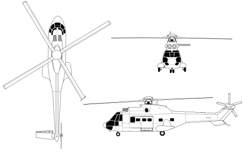 Orthographically projected diagram of the AS332 Super Puma Line Drawing