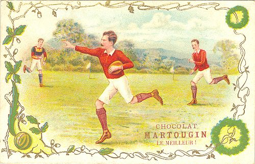 Water colour of Gould, running in a hand-off pose; originally from a postcard, but here promoting Belgian chocolates.