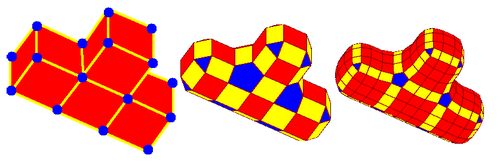 Two Doo–Sabin refinement iterations on a T-shaped quadrilateral mesh.