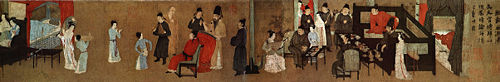 A small section of a larger painting of a party. On the left side, a man in red robes is seated in a chair. In front of him is a small female dancer, a male musician dressed in black, and a guest. Behind the chair is a second guest and a man in brown robes hitting a man sized drum with drumsticks. On the right side, several people sit around a bedroom area watching a woman play a large string instrument.