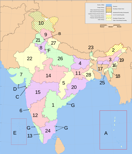 A clickable map of India exhibiting its states and territories.