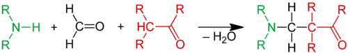 Scheme 1. Ammonia or an amine reacts with formaldehyde and an alpha acidic proton of a carbonyl compound to a beta amino carbonyl compound