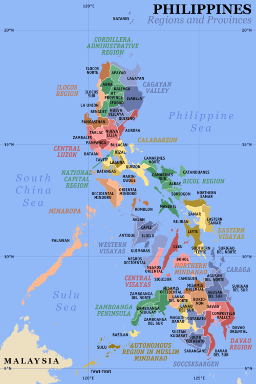 A clickable map of the Philippines exhibiting its 17 regions and 80 provinces.