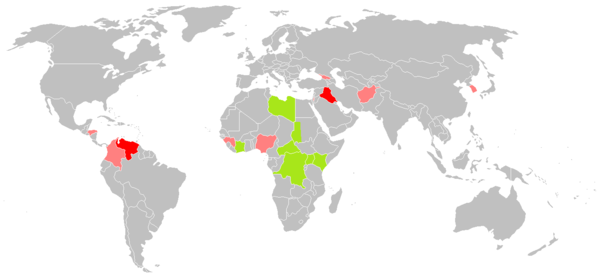 Map of countries where the ICC is currently investigating situations.