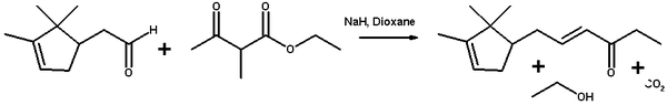 Aldol condensation of Ethyl 2-methylacetoacetate and campholenic aldehyde