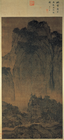 A long, portrait oriented scroll depicitng a very tall mountain in the background and a stream with trees in the foreground, near the bottom of the painting. Contrary to the name of the painting, there are no travelers shown.