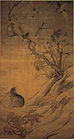 A long, portrait oriented painting. To the right is a small hill with a tree protruding from it. Two birds are swooping in from the upper right corner, one passing in front of the tree. In the bottom left corner is a hare with its head tilted upwards, facing the birds. The scroll uses dark inks, and has darkened and become orange with age.