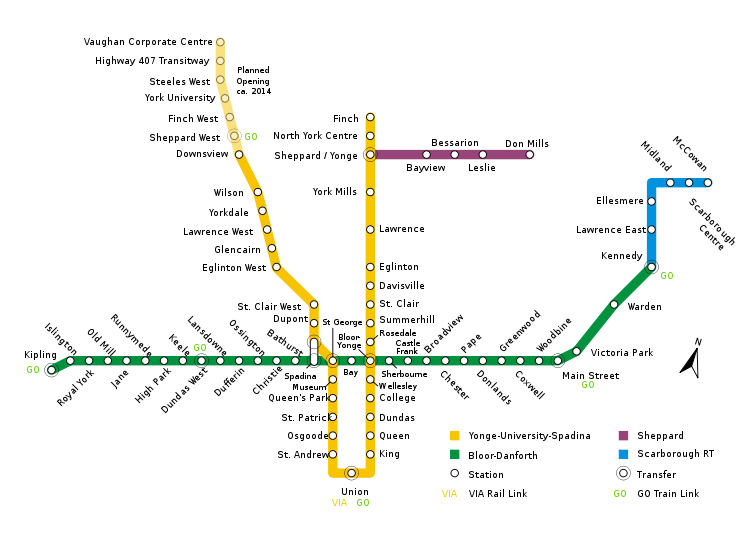 A map of the Toronto Subway/RT network.