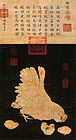 A long, portrait oriented scroll. The top quarter is a block of vertically oriented text, the bottom three fourths depicts a large yellow hen bending down near four yellow chicks, each about the size of the hen's head, all on a black background.