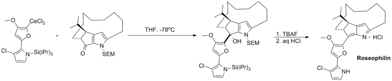 Total synthesis of roseophilin using an organocerium reagent