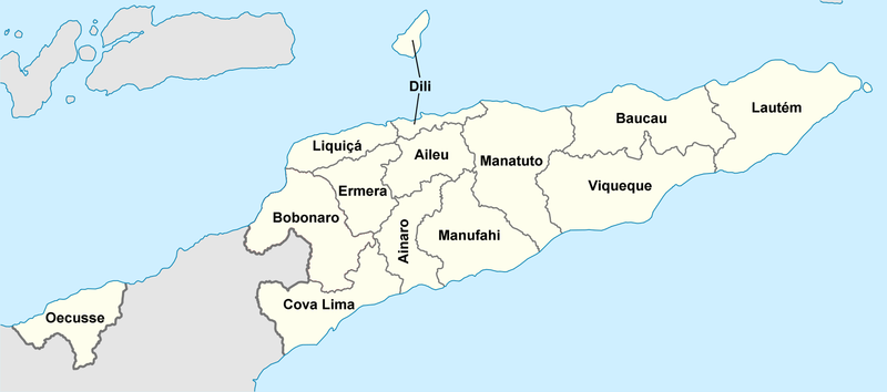 A clickable map of East Timor exhibiting its 13 administrative districts.