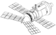 A line diagram showing a space station module consisting of a large cylinder with a shallow cone at one end and a steeper cone at the other. The shallow cone has a docking port mounted in the centre, whilst the steeper cone has two large solar arrays projecting from it. Two more arrays are mounted at the base of the cone.