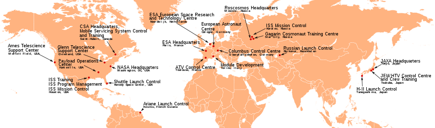 A world map highlighting the locations of space centres. See adjacent text for details.