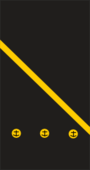 A diagonal gold bar above three circles containing fouled anchors